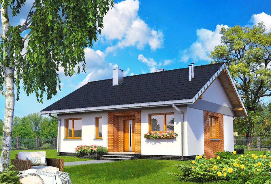 Одноэтажный дом с двускатной крышей