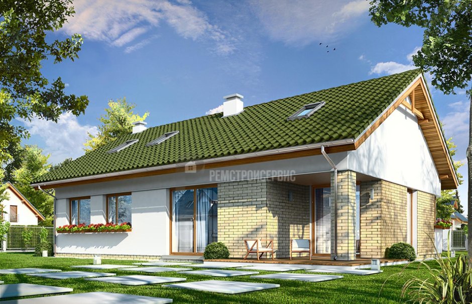 Одноэтажный прямоугольный дом с двускатной крышей