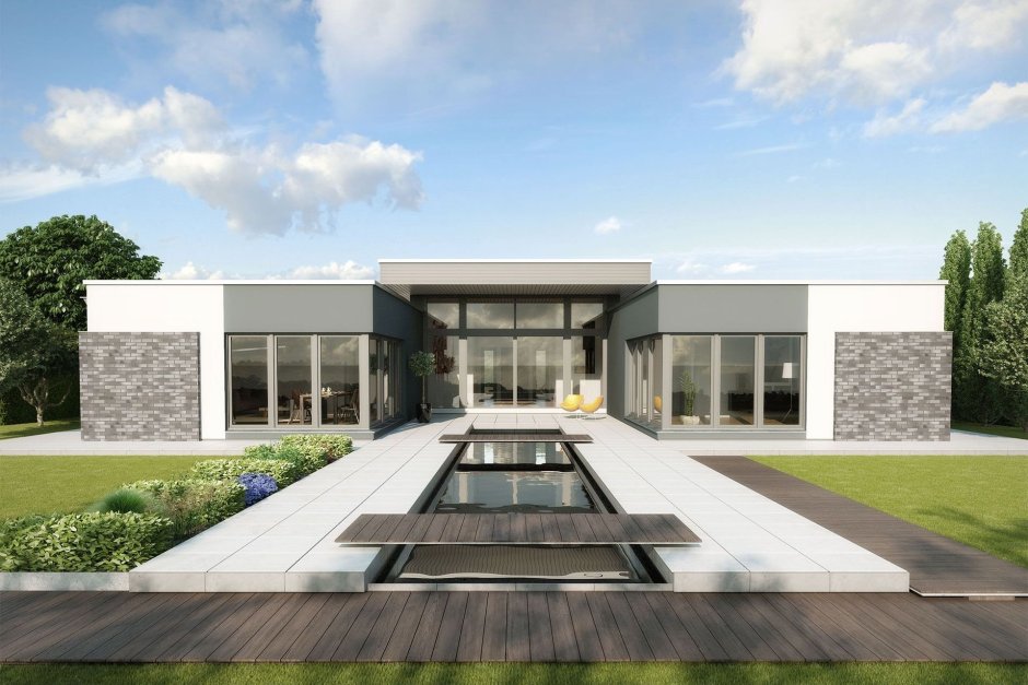 Одноэтажный п образный дом с плоской крышей