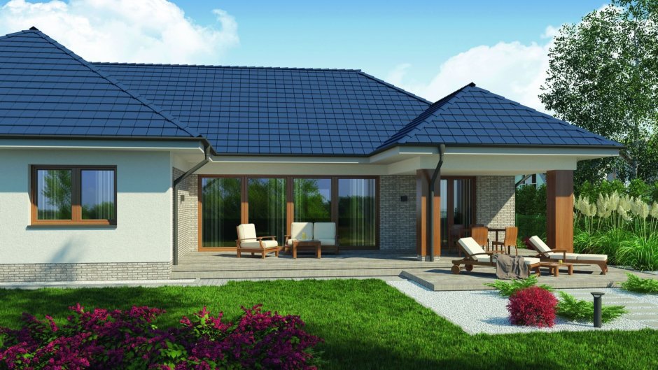 Г-образный дом одноэтажный с террасой