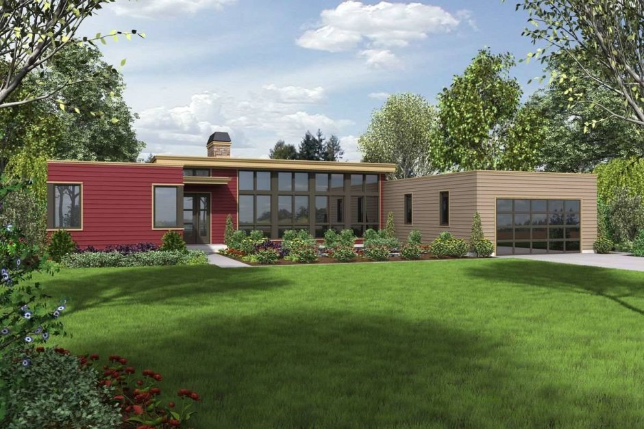 Угловой одноэтажный дом с плоской крышей