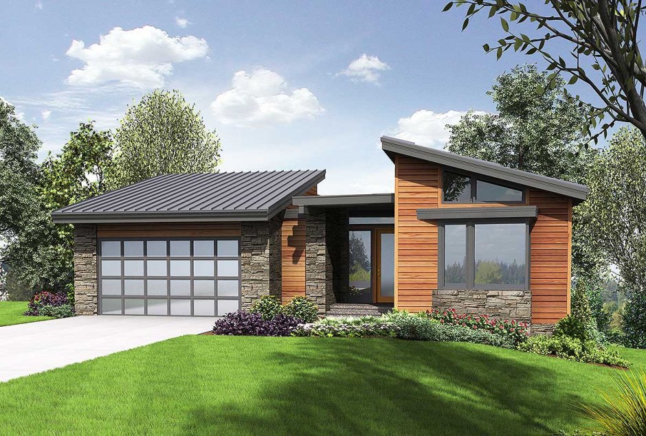 Одноэтажный дом с односкатной крышей и гаражом