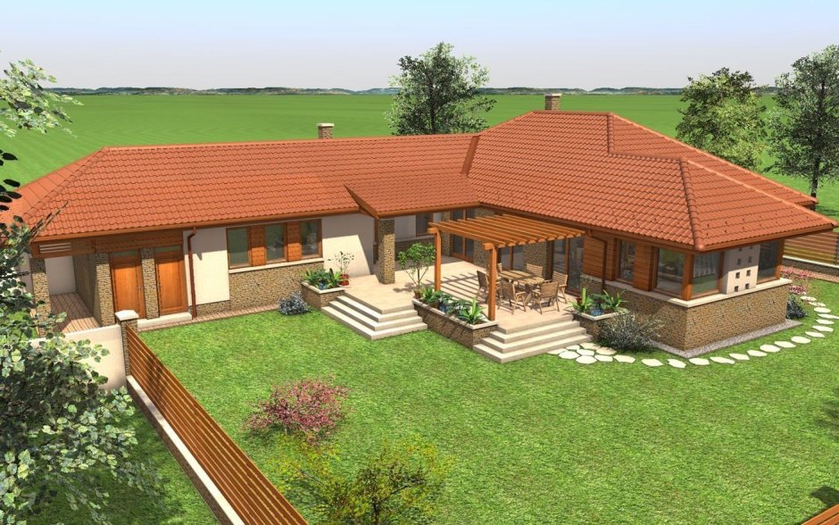 Г-образный дом одноэтажный с террасой