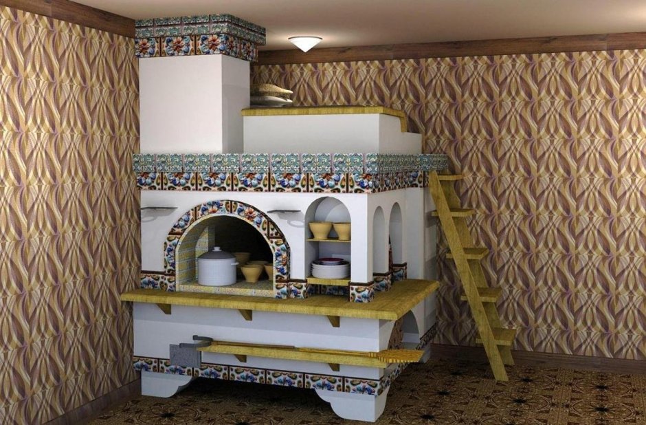 Деревенская печь с изразцами