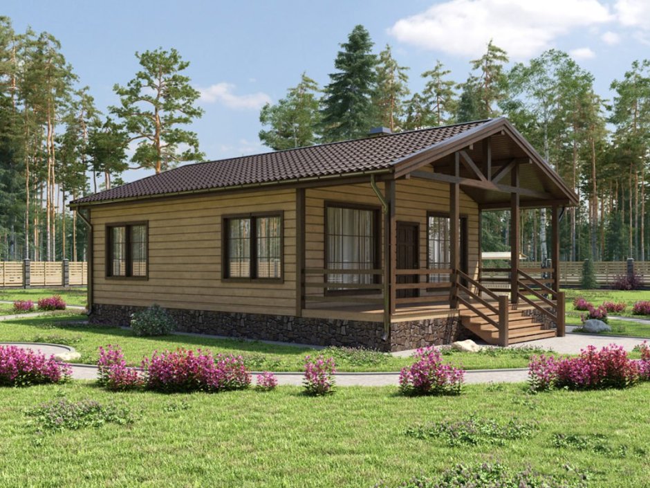 Деревянный дом одноэтажный с террасой 100кв