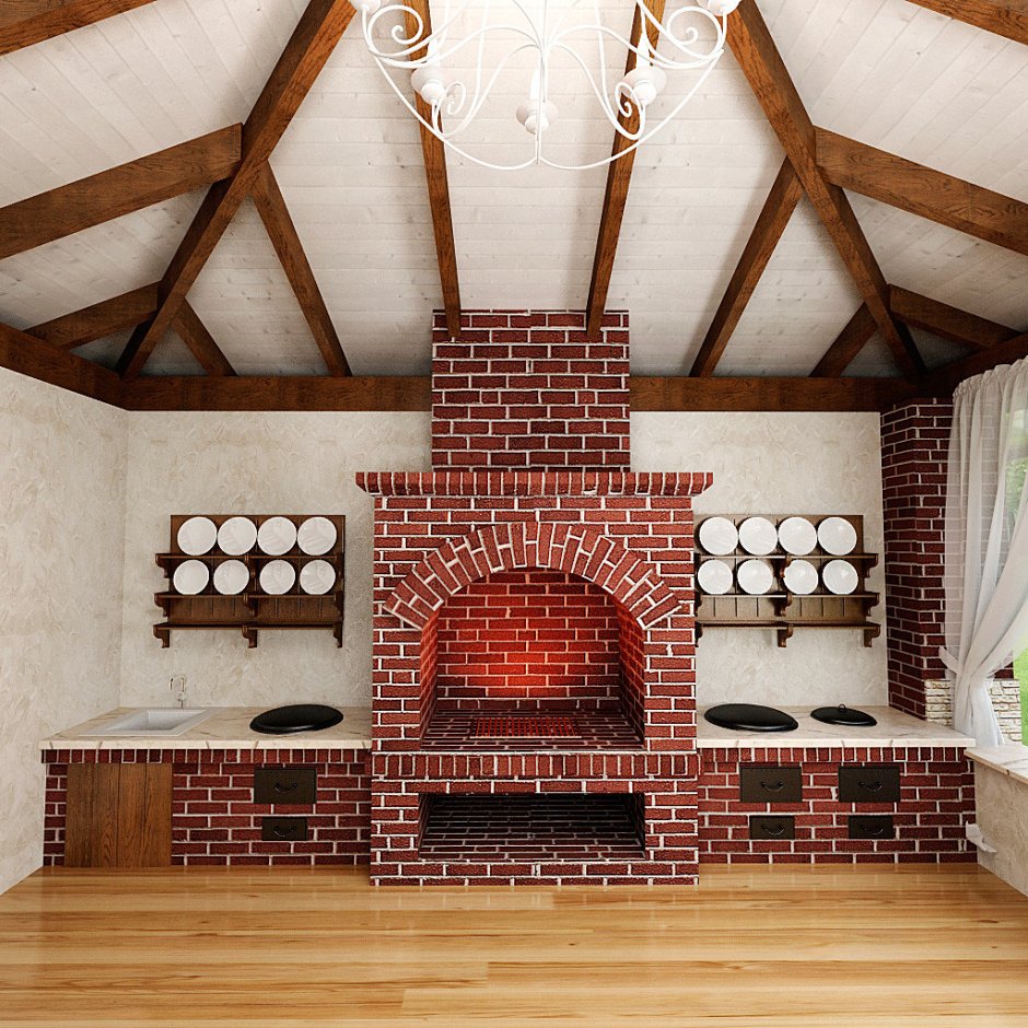 Внутренняя отделка беседки с барбекю