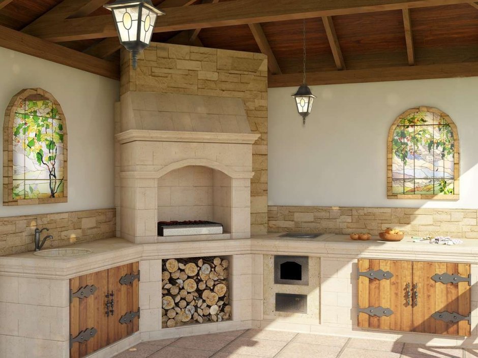 Летняя кухня с камином