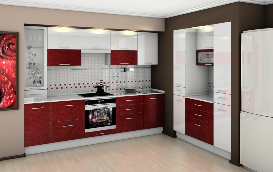 Белая кухня с красной столешницей