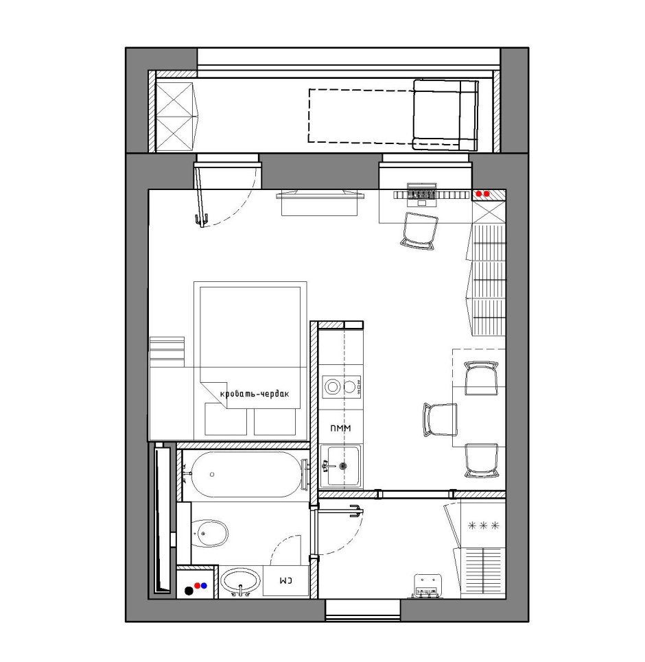 Планировка студии 30 кв.м для семьи с ребенком