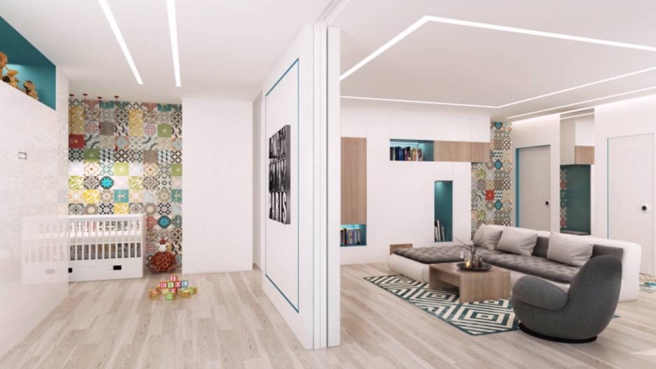 Интерьер однушки для семьи с 2 детьми