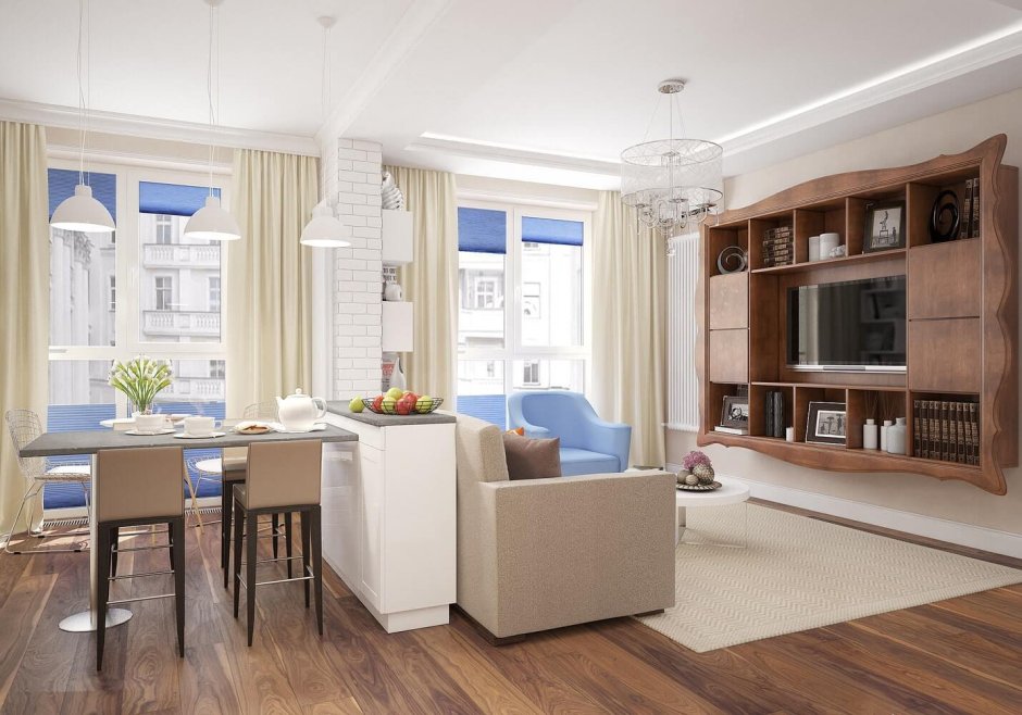 Кухня гостиная с двумя окнами