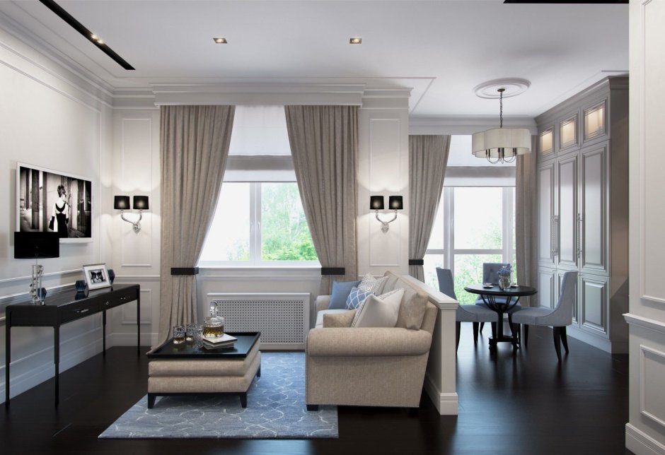 Кухня гостиная с тремя окнами