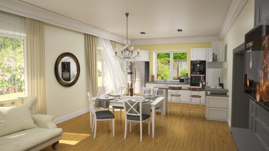 Интерьер кухни-гостиной в частном доме