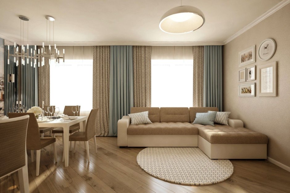 Кухня гостиная с двумя окнами