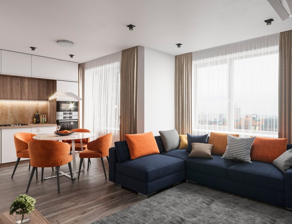 Кухня гостиная 30 метров с 2 окнами