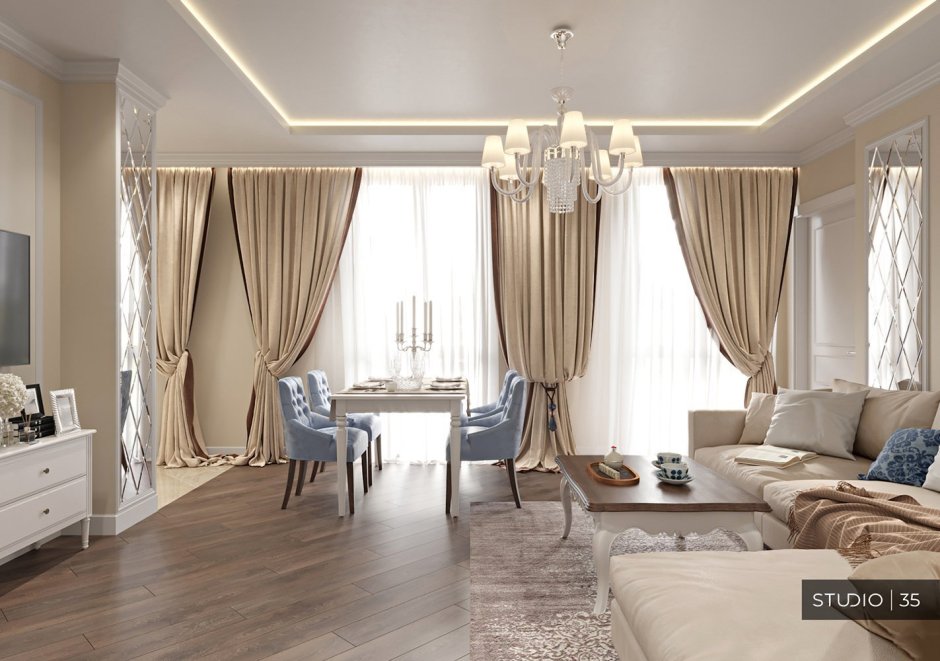 Шторы в интерьере кухни гостиной
