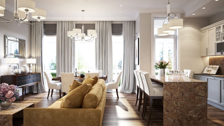 Кухня-гостиная 35 кв.м с панорамным окном