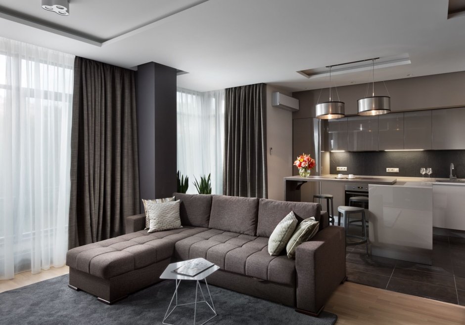 Кухня гостиная в серых тонах