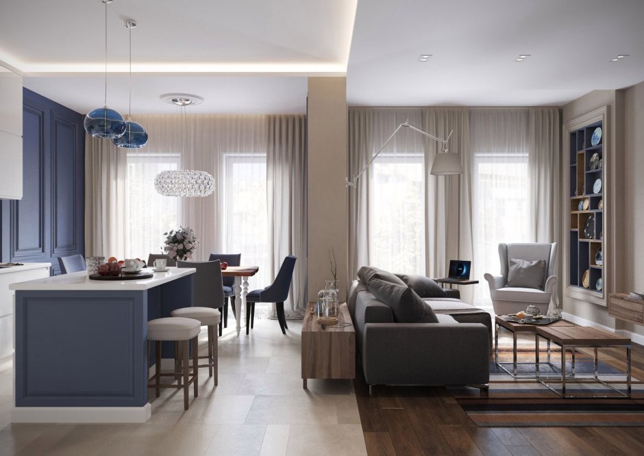 Кухня гостиная в голубых тонах