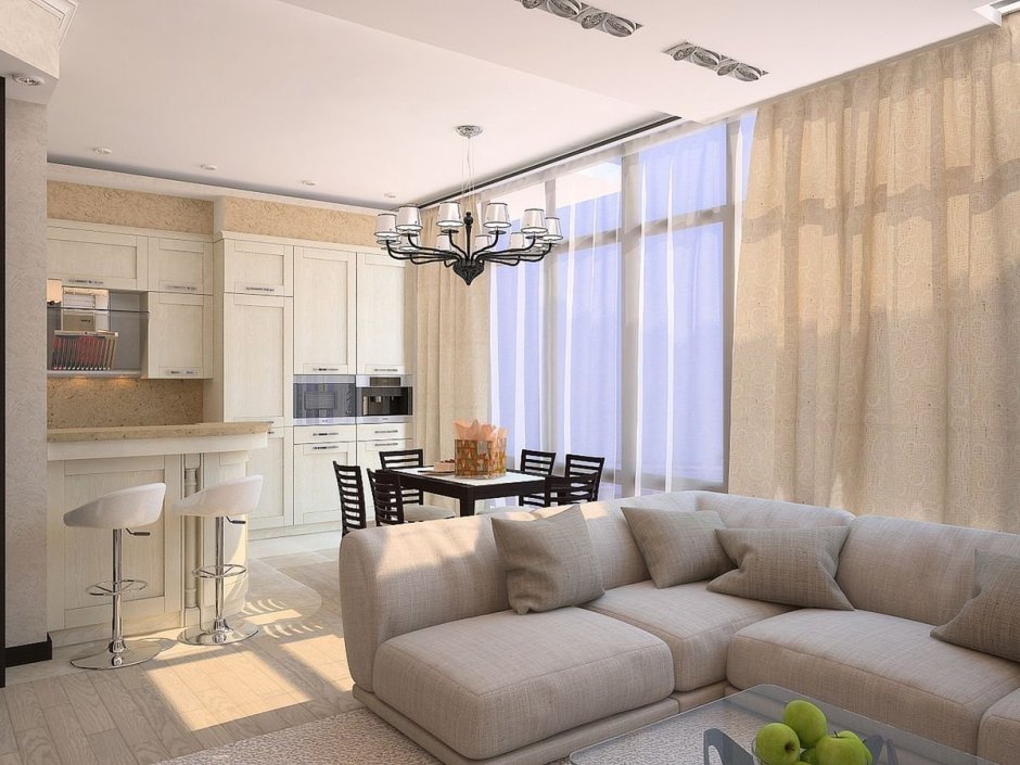 Кухня гостиная с 3 окнами