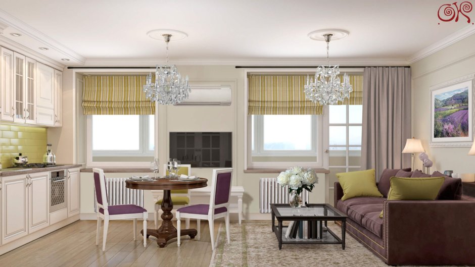 Интерьер кухни 20м2 с двумя окнами