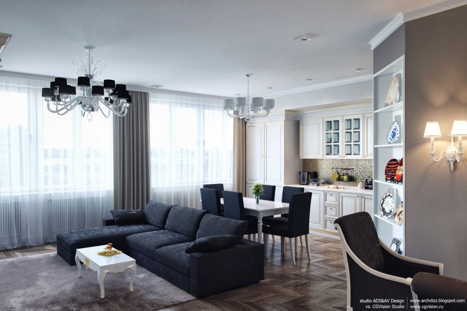 Кухня гостиная с двумя окнами