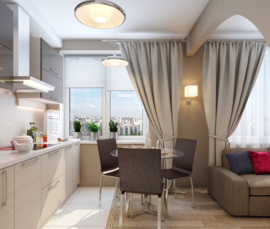 Шторы в гостиную совмещенную с кухней