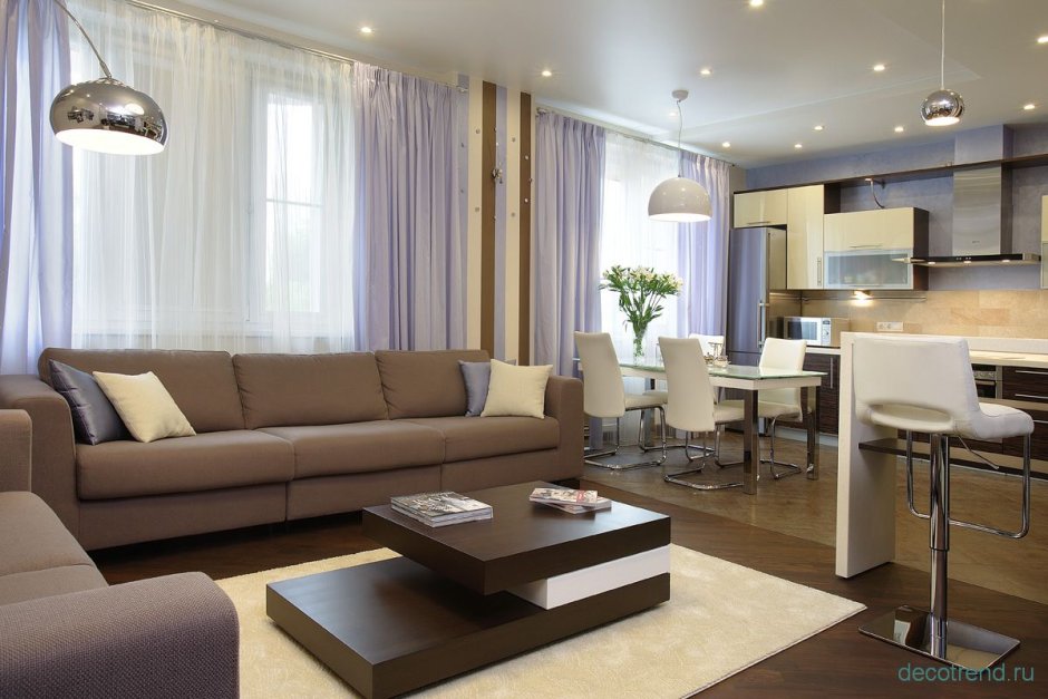 Кухня-гостиная с двумя окнами на одной стене