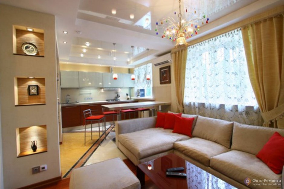 Гостиная - кухня комната прямоугольной формы