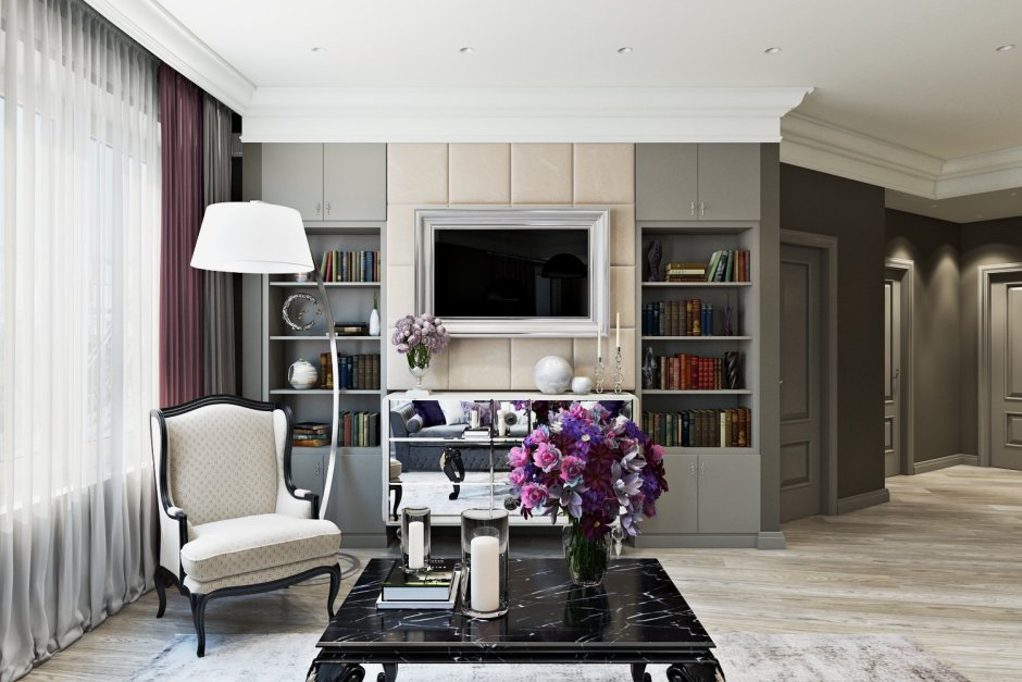 Телевизор в гостиной классического стиля