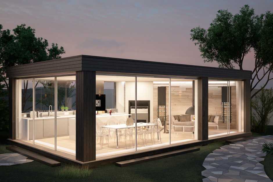 Кирпичная односкатная застекленная беседка