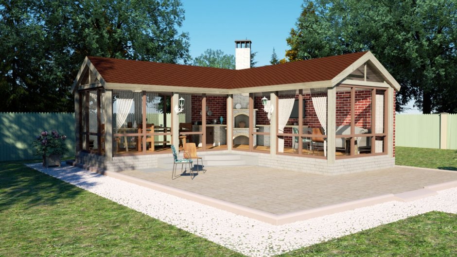 Баня с односкатной крышей и беседкой под одной крышей