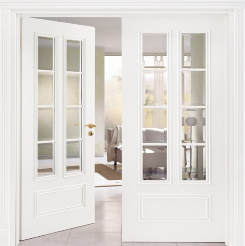 Двери межкомнатные двухстворчатые белые со стеклом