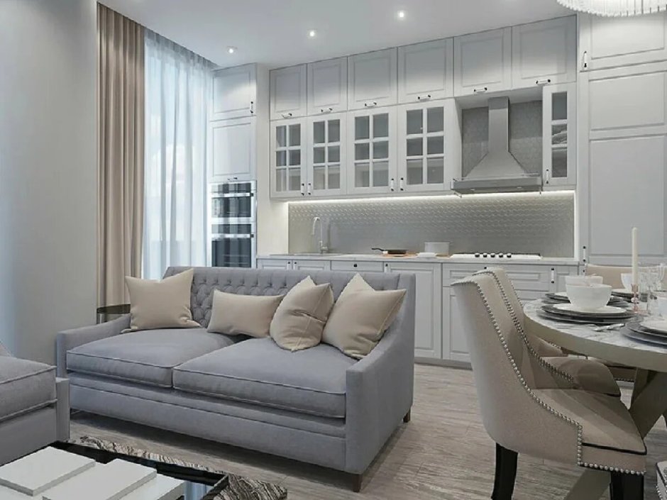 Белая кухня серый диван