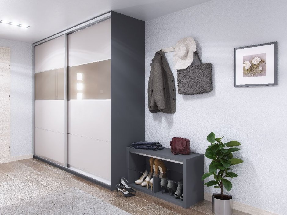Серый шкаф в прихожую в интерьере прямо