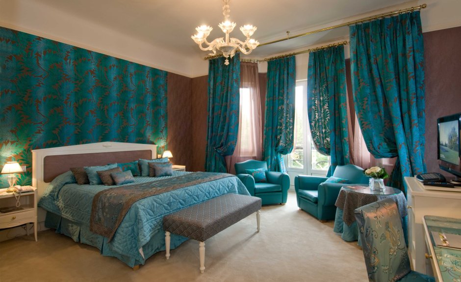 Шторы бирюзовые с золотом