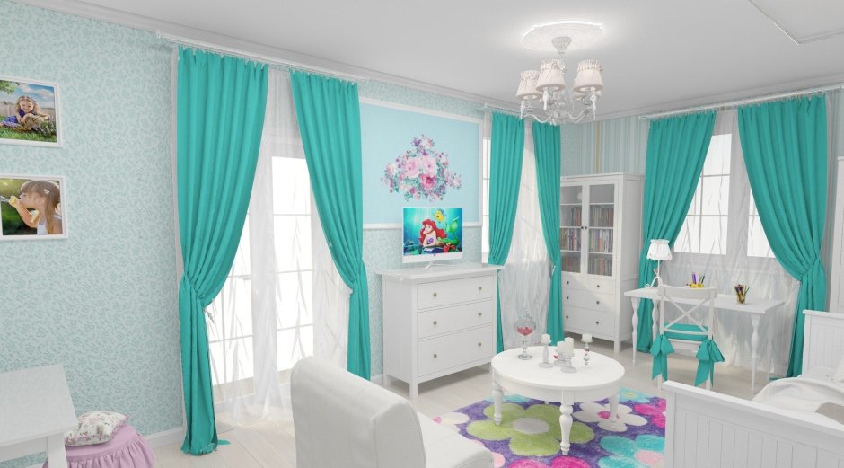 Бирюзовые шторы в интерьере