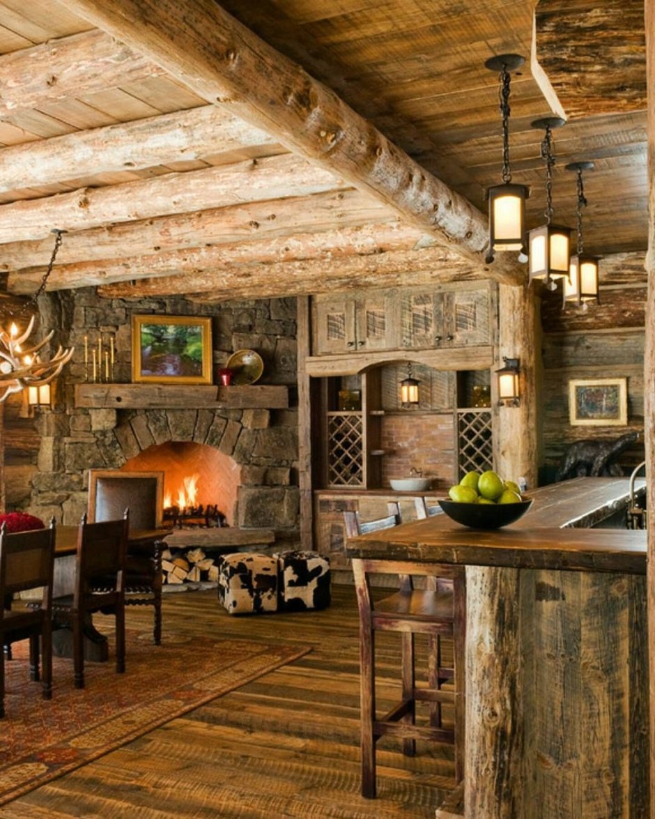 Деревенский интерьер деревянного дома