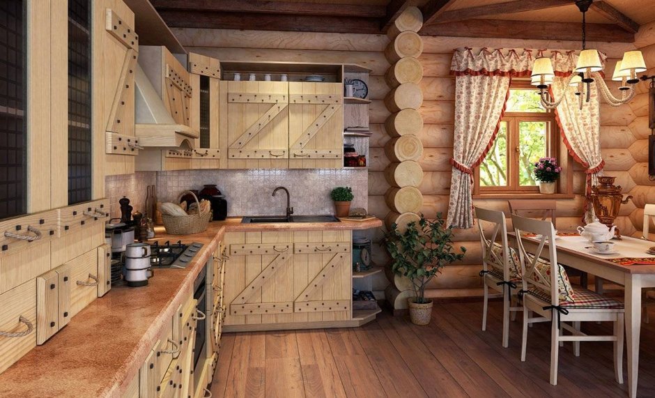 Кухня в стиле Кантри в бревенчатом доме