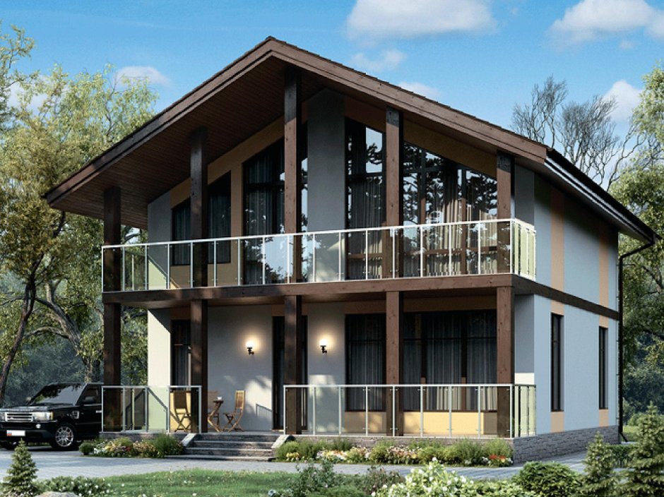 Дом каркасник с балконами и панорамными окнами