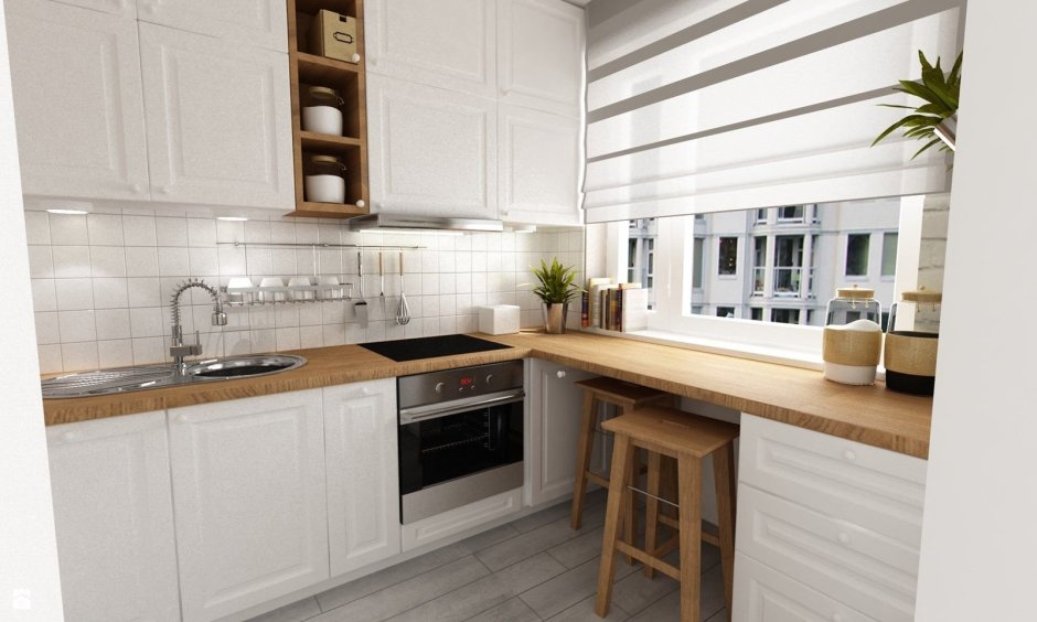 Сканди кухня белая с деревянной столешницей 12 кв