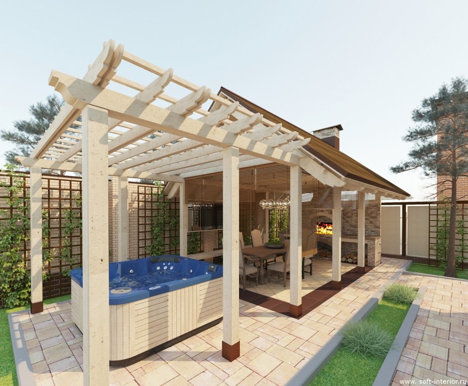 Беседка с мангальной зоной с прозрачной крышей