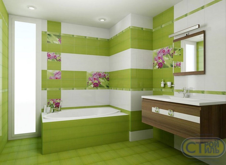 Зелёная плитка для ванной комнаты