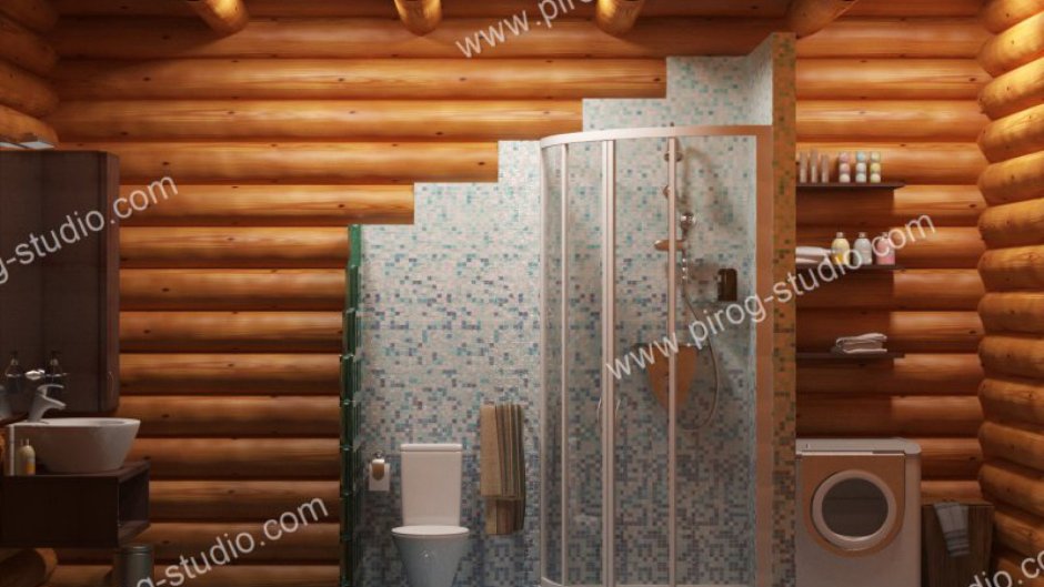 Душевая кабина из плитки в деревянном доме