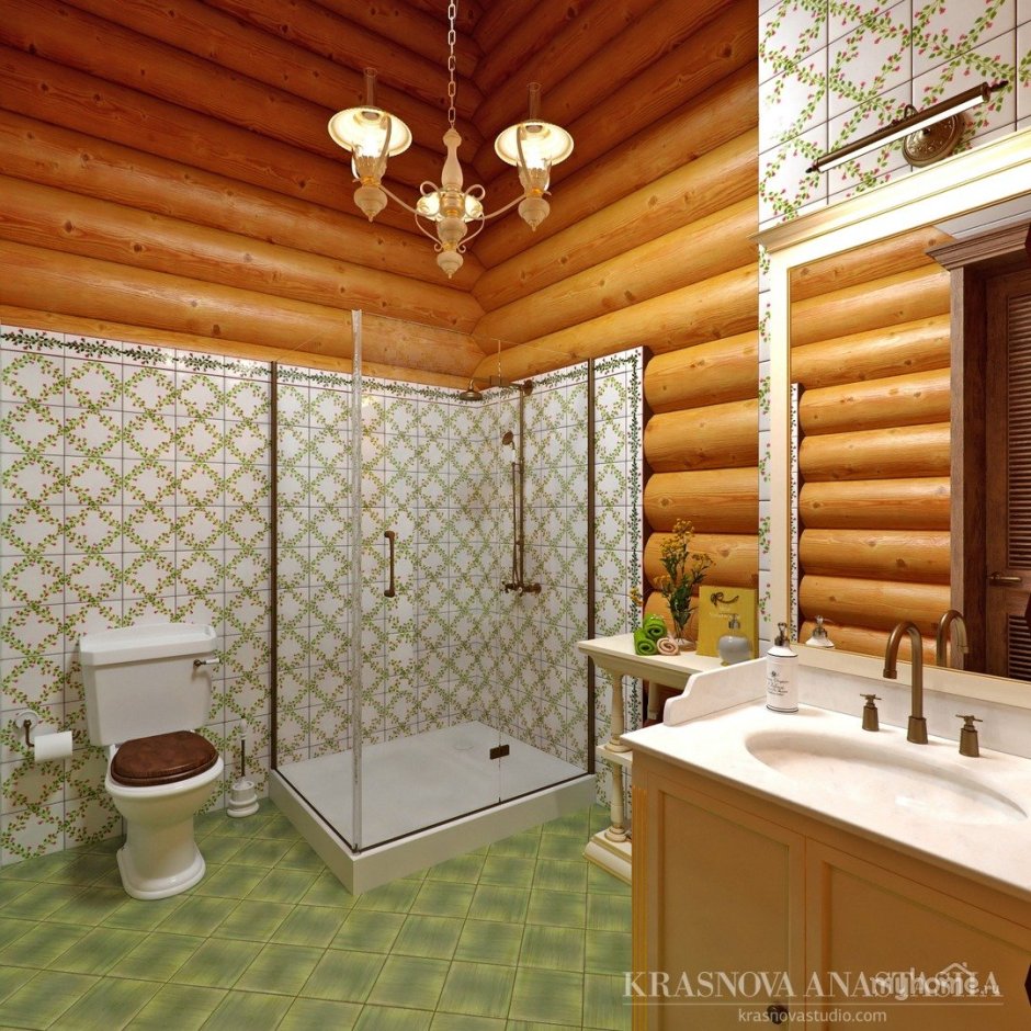 Плитка в деревянном доме в ванной