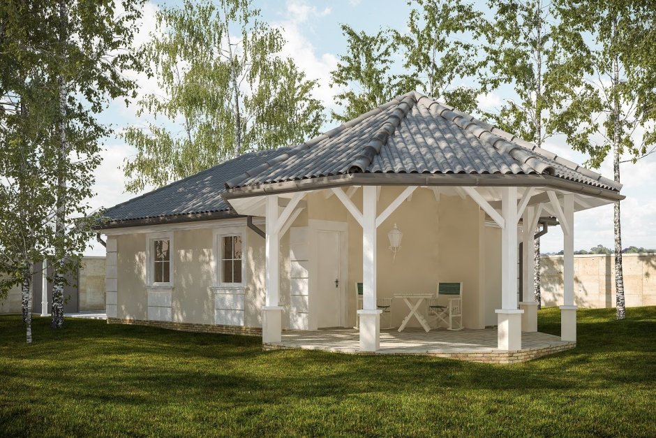 Беседка из кирпича с двускатной крышей