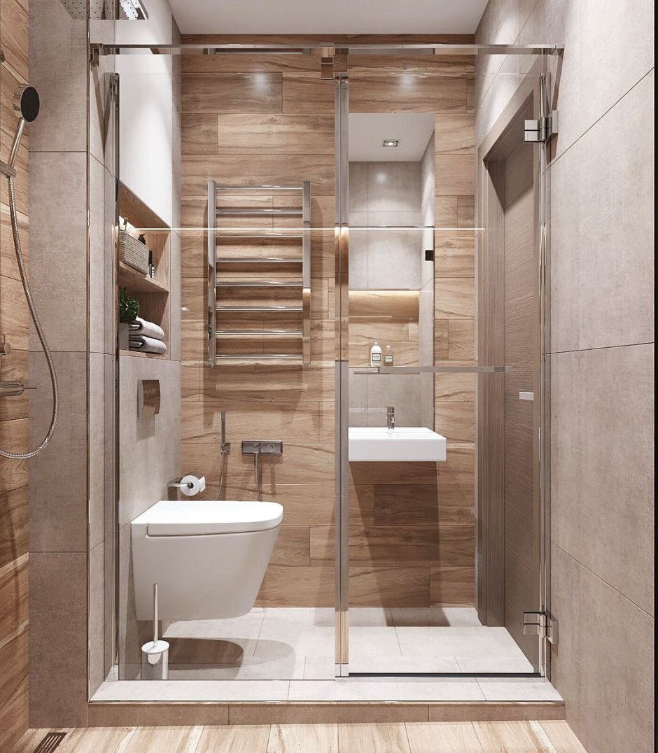 Ванная комната с душевой кабиной туалетом и раковиной