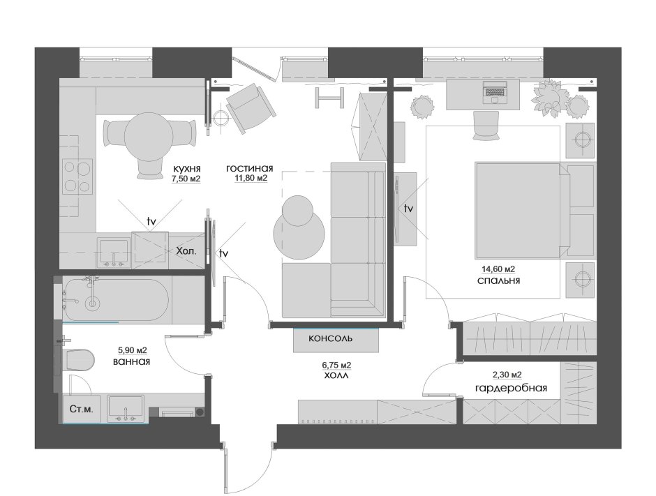 Планировка гостиная 60м2