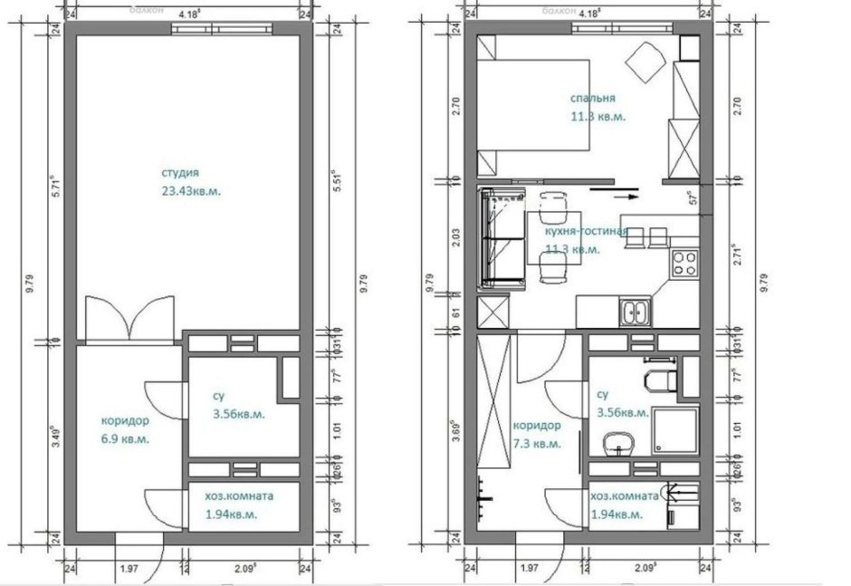 Планировка студии 30 кв.м с размерами