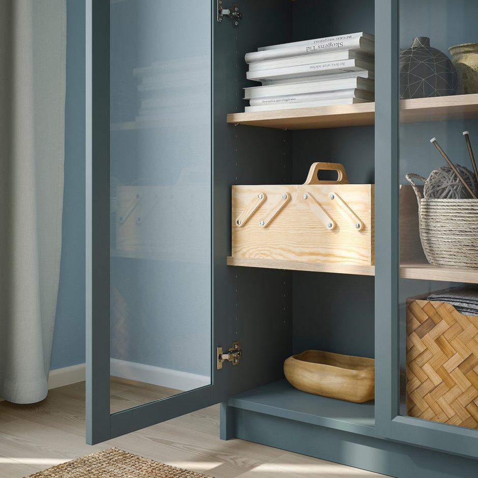 Билли шкаф книжный со стеклянными дверьми, серо-бирюзовый